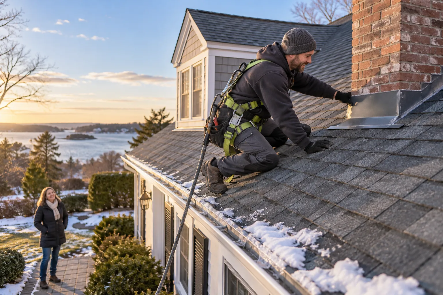 A local roofing provider checking shingles and flashing on a home in the Stamford area