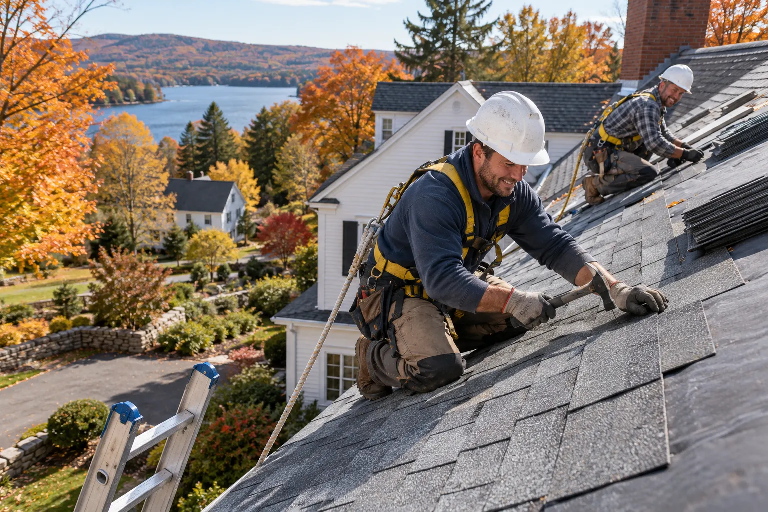 Roofing provider installing new shingles on a home near Stamford on a clear autumn day