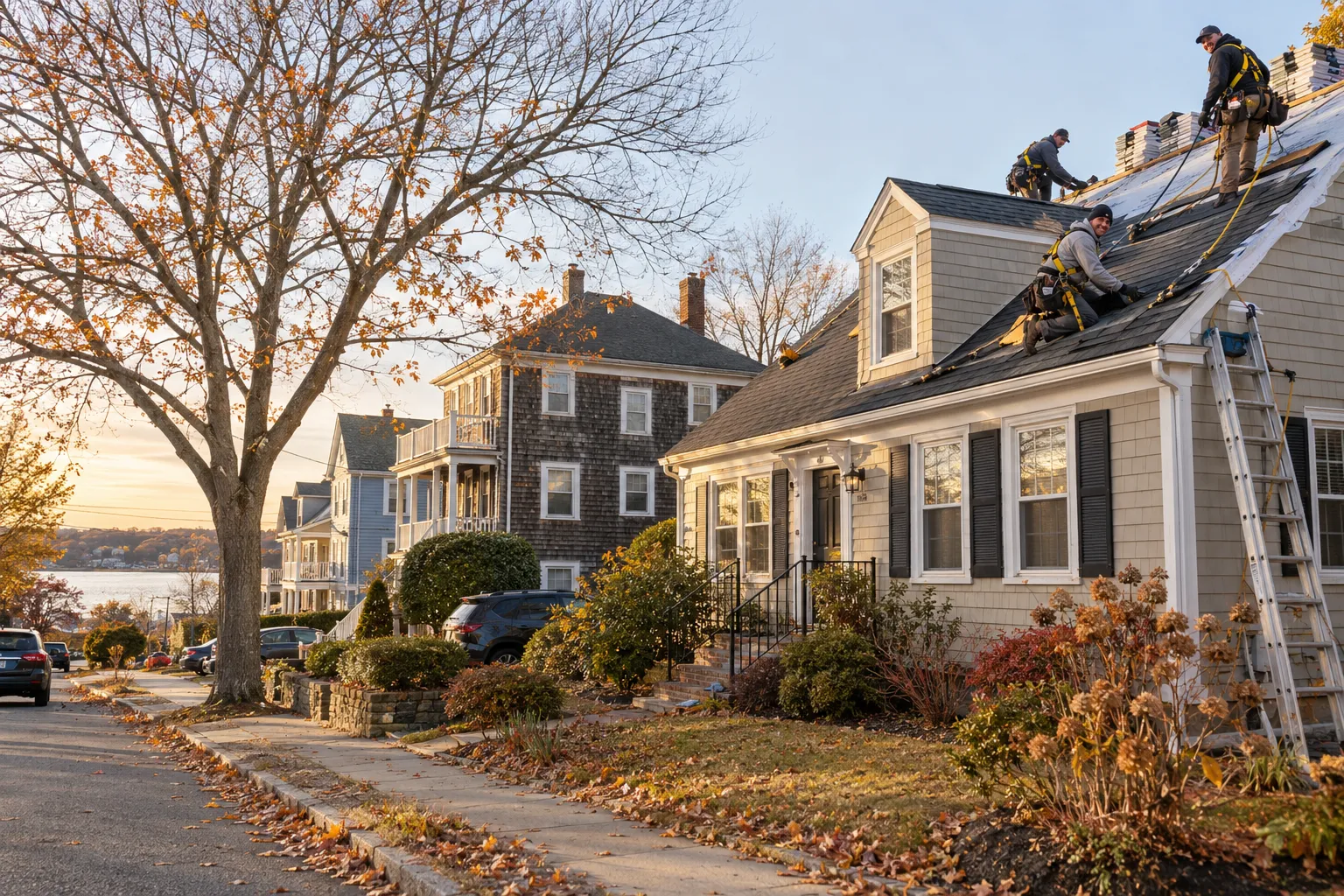 Homes with new roofs along a quiet street in Stamford