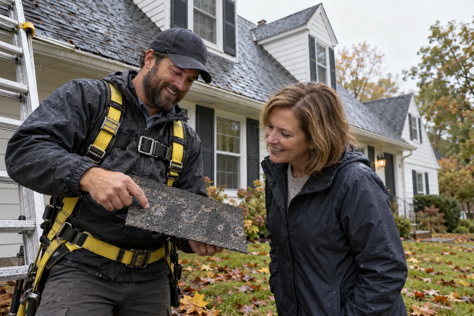 A friendly roofing provider and a homeowner looking at hail-dented shingles on a home in the Stamford area